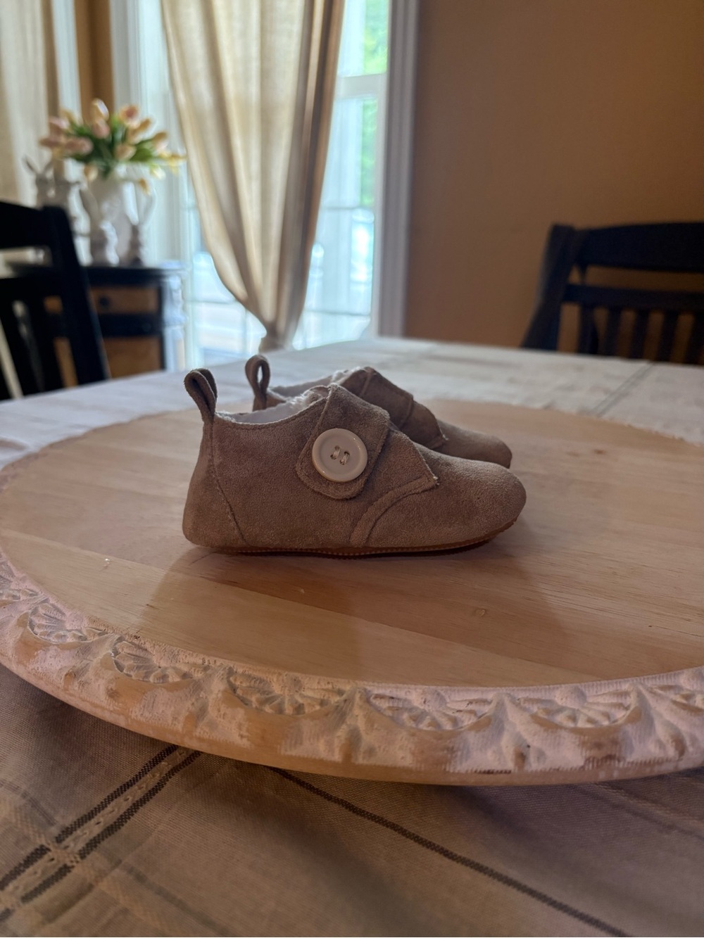 Baby Suede Button Moccasins in Taupe - Infant Walker Shoes - Picture 1 of 5